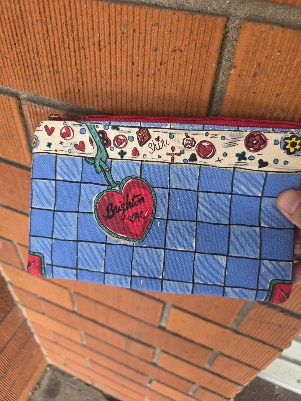 Brighton Love Bow Cosmetic Bag Pouch 11x5 Blue Hearts Makeup Travel Zip Case